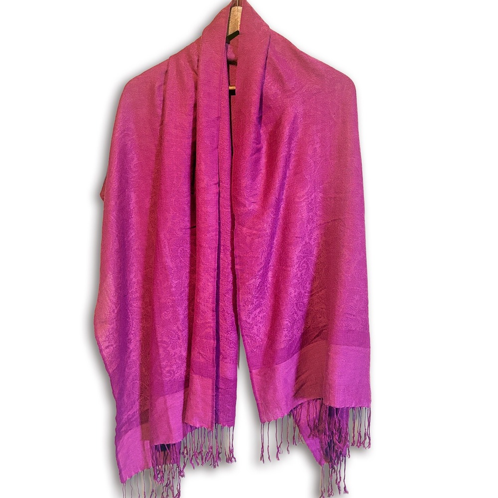 Pashmina Silk Paisley Fringe Shawl Wrap Magenta Pink Soft Evening Scarf Boho